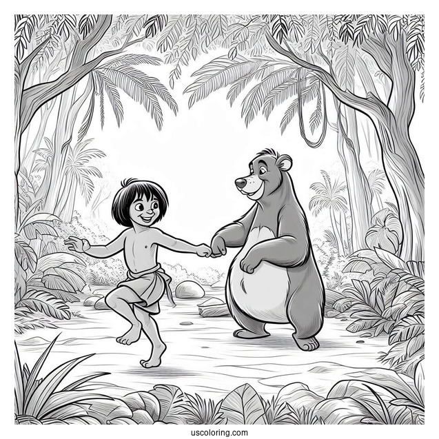 Jungle Book Coloring Page Of Mowgli And Baloo Dancing In The Jungle