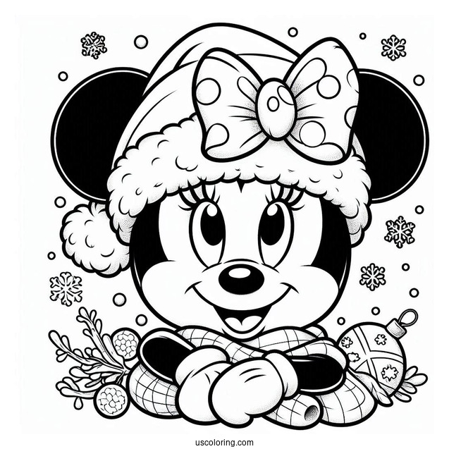 Minnie Mouse Wearing Santa Hat In Snow To Color