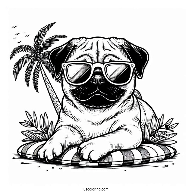 Cool Pug Coloring Page Wearing Sunglasses on a Tropical Vacation