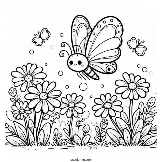 Cartoon Butterfly Hovering Above Daisies In Spring Coloring Page