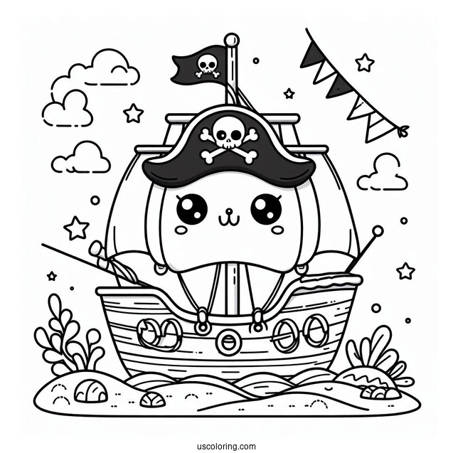 Kawaii Cartoon Pirate Ship Coloring Page For Preschoolers