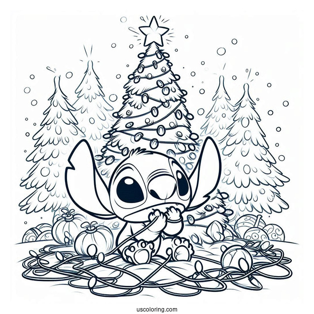 Stitch Tangled In Christmas Lights Coloring Page