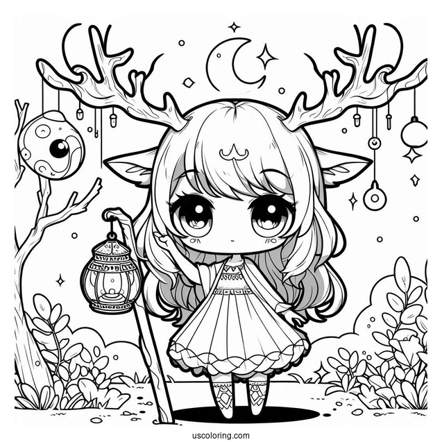 Chibi Girl With Large Antlers Holding A Lamp