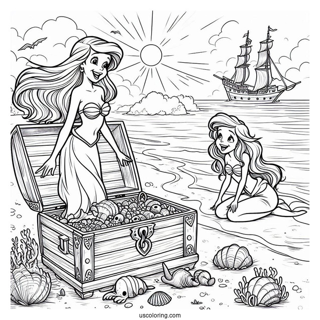 Treasure And Ariel Playing At The Beach Coloring Page