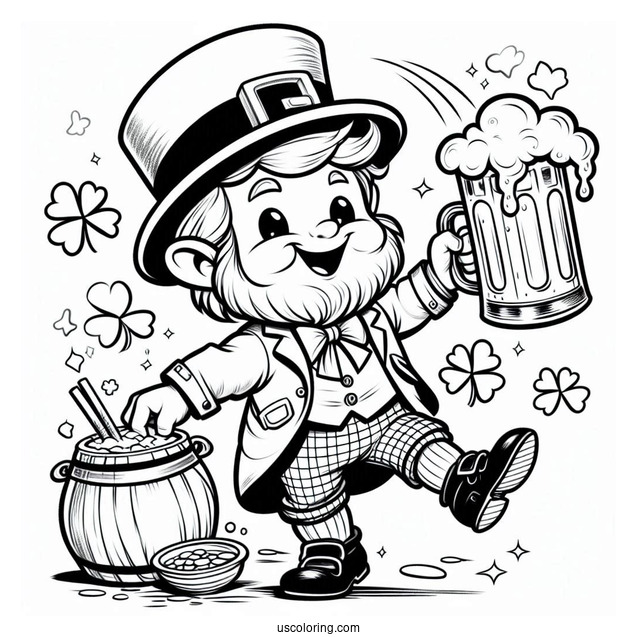 St. Patrick's Day Coloring Page Of Dancing Leprechaun Holding A Glass Of Beer
