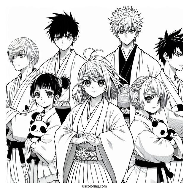 Manga Coloring Page Of Jujutsu Kaisen With Yuji, Nobara, Megumi, Gojo, Sukuna, Panda, Inumaki, And Maki