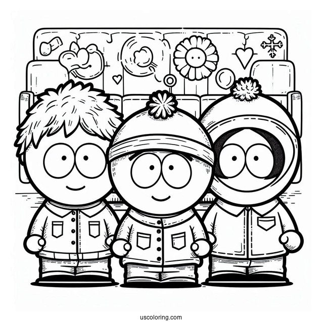 Eric, Stan, Kenny, And Kyle In Front Of South Park Coloring Page