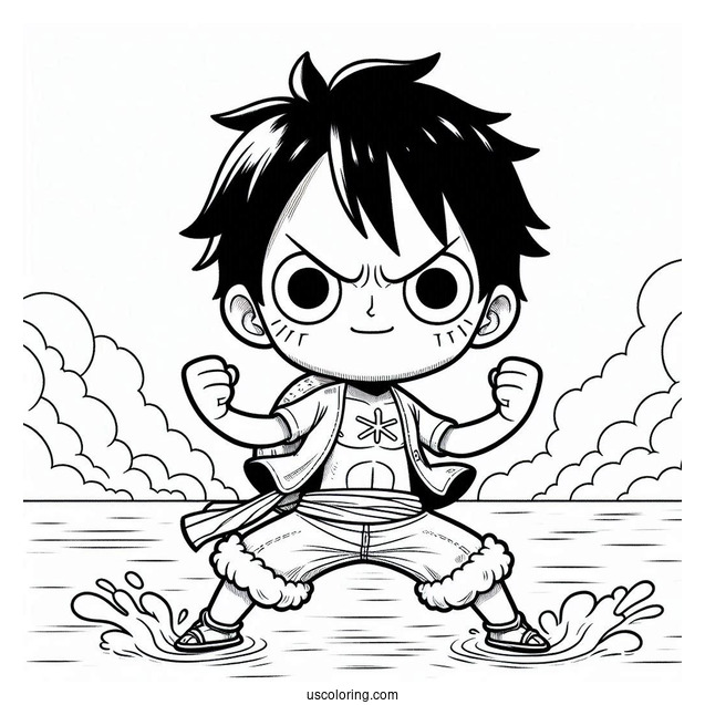 Kawaii Luffy Coloring Page In Fighting Pose On The Sea For Kids