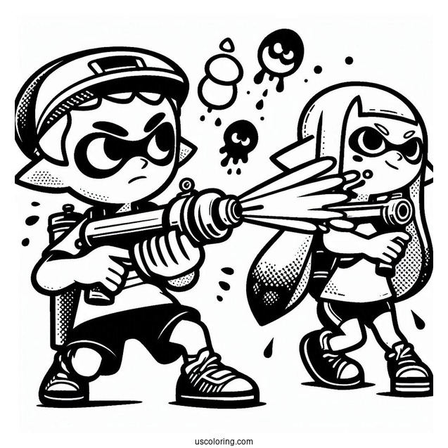Splatoon Coloring Page Of Blue Inkling Boy Shooting Orange Inkling Girl