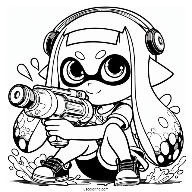 Splatoon Coloring Page Of Kawaii Inkling Girl Crouching While Holding Inkjet