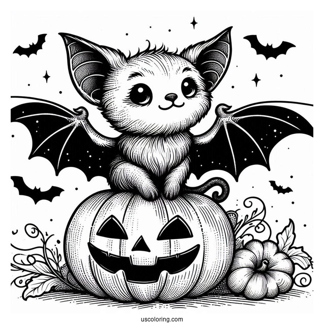 Small Bat Coloring Page Sitting On Jack O Lantern Halloween