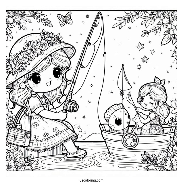 Little Girl Fishing Coloring Page For Kids
