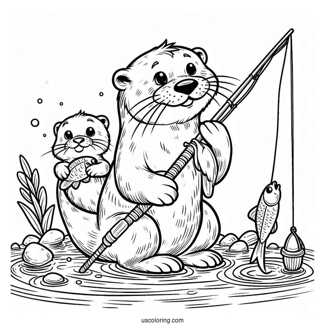 Daddy Otter Coloring Page With Fishing Rod And Baby Otter Carrying Fish