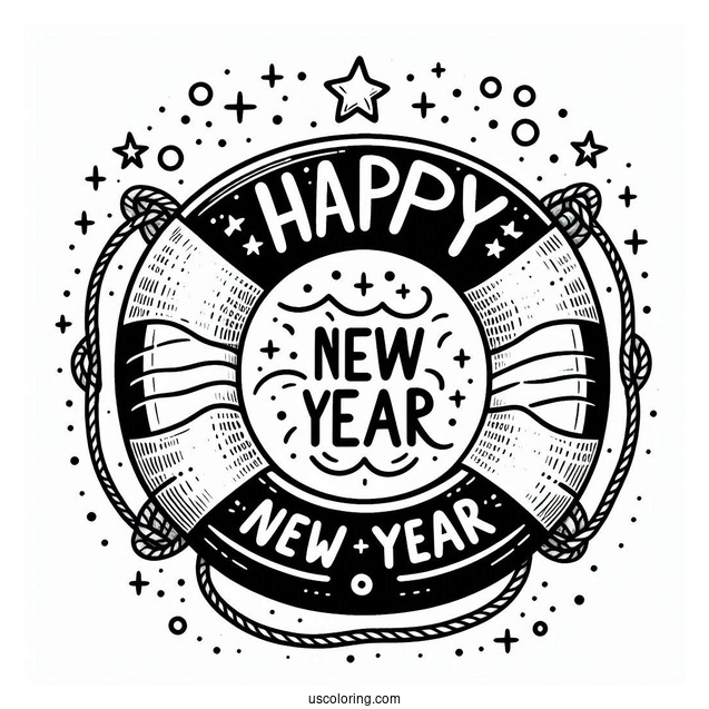 Life Buoy Ring With Happy New Year Coloring Page Of Words And Stars