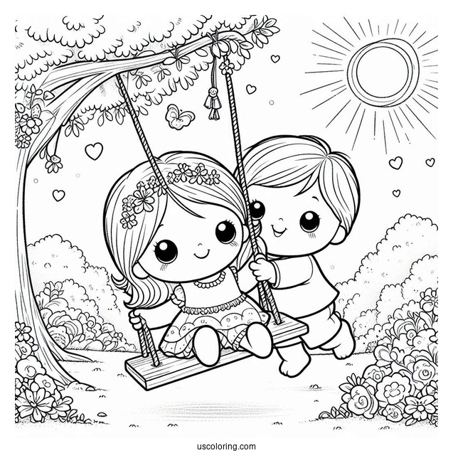 Simple Precious Moments Coloring Page Of Boy Pushing Girl On A Swing
