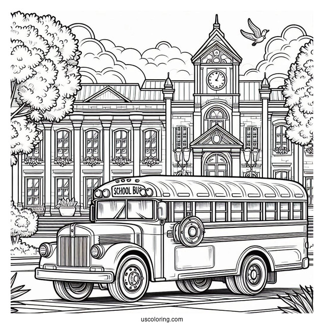 Classic School Bus Coloring Page in Front of A Building