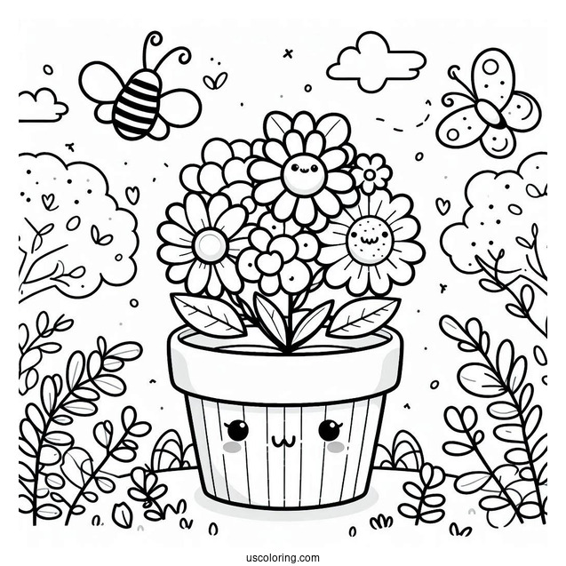 Spring Coloring Page Kawaii Flower Pot With Bee And Butterfly For Kids