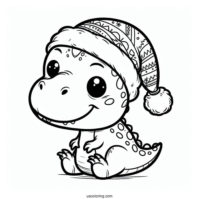 Christmas Themed T-Rex With Santa Hat To Color