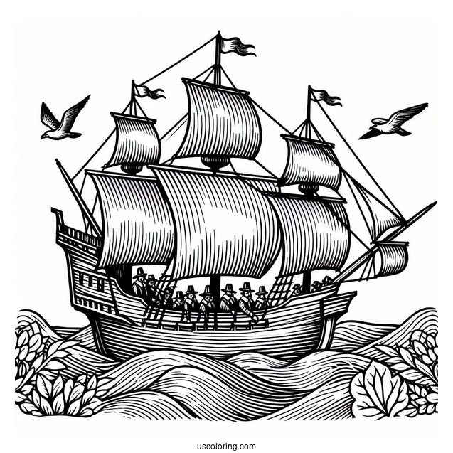 Pilgrim Coloring Page Mayflower Sailing At Sea