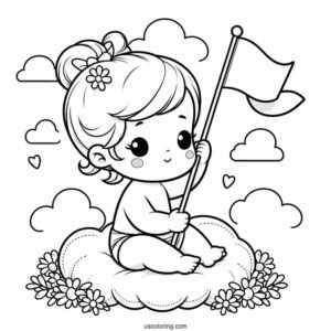 Baby Coloring Page Sitting On A Cloud Holding A Flag
