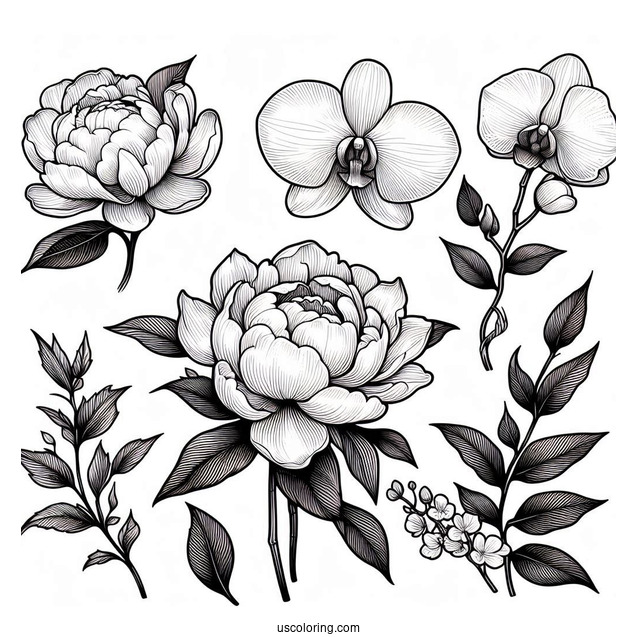 Flower Coloring Pages Of Classic White Peony, Orchid, Hydrangea, And Magnolia