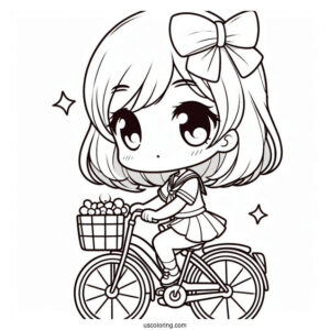 Chibi Girl On A Bicycle Coloring Page For Preschoolers