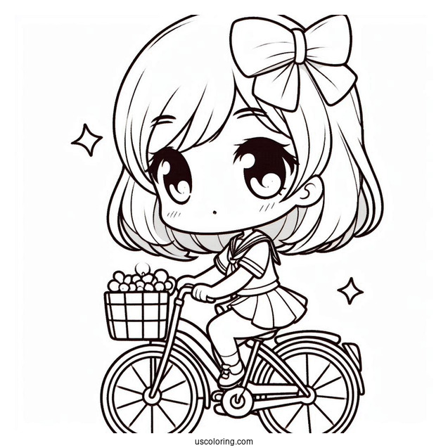Chibi Girl On A Bicycle Coloring Page For Preschoolers