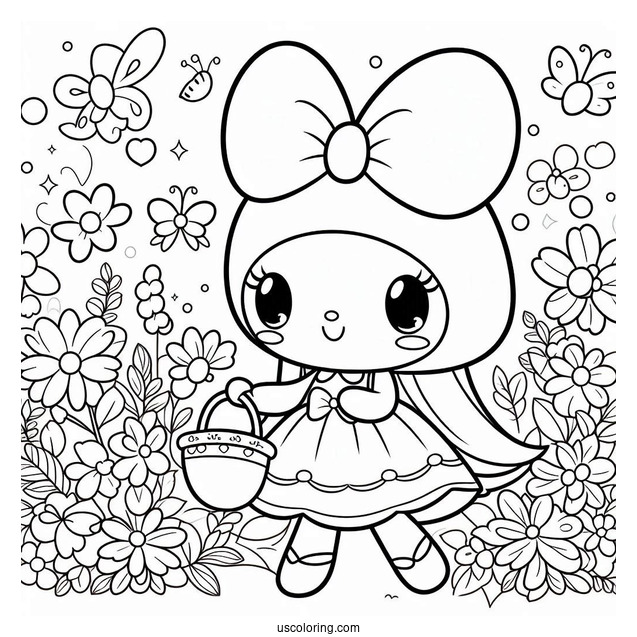 Kawaii My Melody Coloring Page Picking Flowers