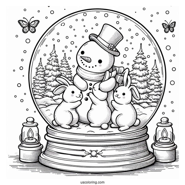Snowman Hugging Rabbits Snow Globe Coloring Page