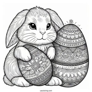 Furry Bunny Holding An Easter Coloring Page Of Egg With Mandala Pattern