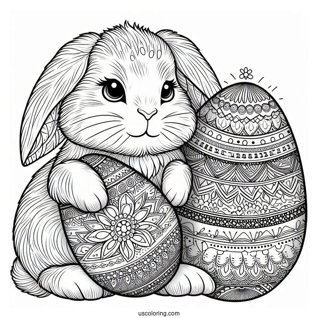 Furry Bunny Holding An Easter Coloring Page Of Egg With Mandala Pattern