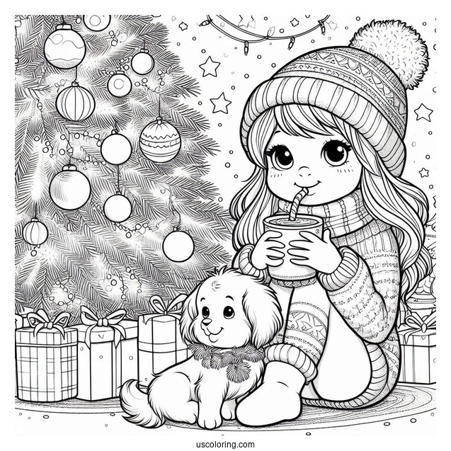 Christmas Coloring Pages For Adults Of Little Girl Drinking Hot Chocolate Next To The Christmas Tree With Her Dog