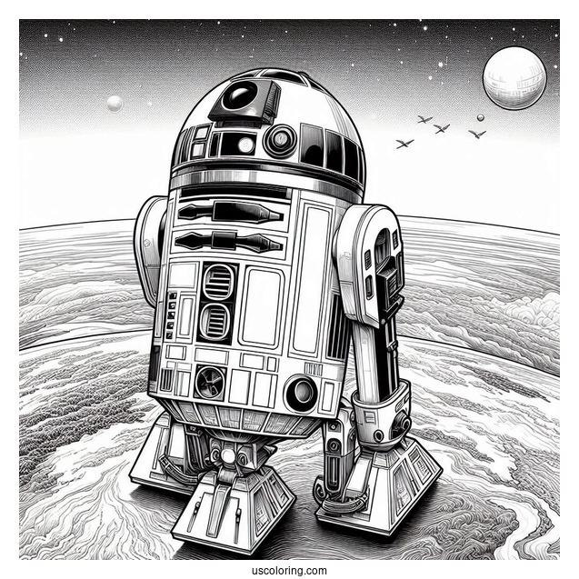 Realistic R2-D2 Coloring Page Outline On A Planet
