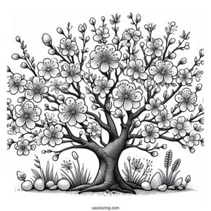 Large Tree Blooming Flowers In Spring Coloring Page