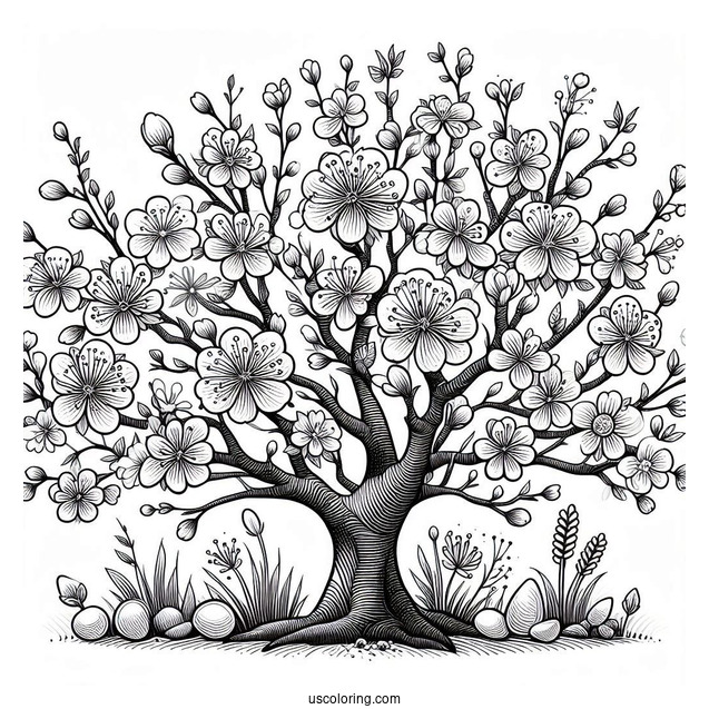 Large Tree Blooming Flowers In Spring Coloring Page