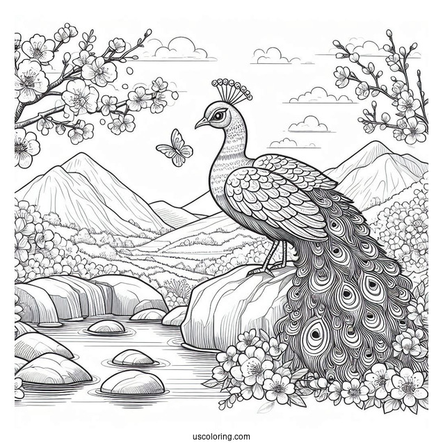 Peacock Coloring Page on Rock with Blossoms and Mountain Landscape