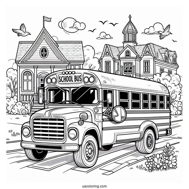 School Bus Driving Past Elementary School