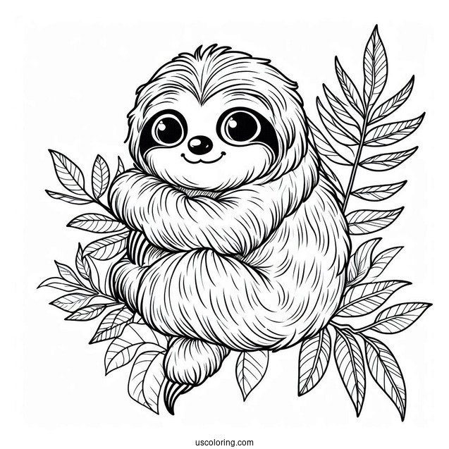 Happy Sloth Sitting On Leaves