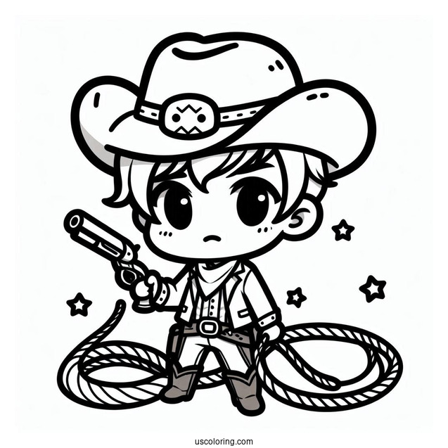 Cute Chibi Cowboy Coloring Page With A Lasso