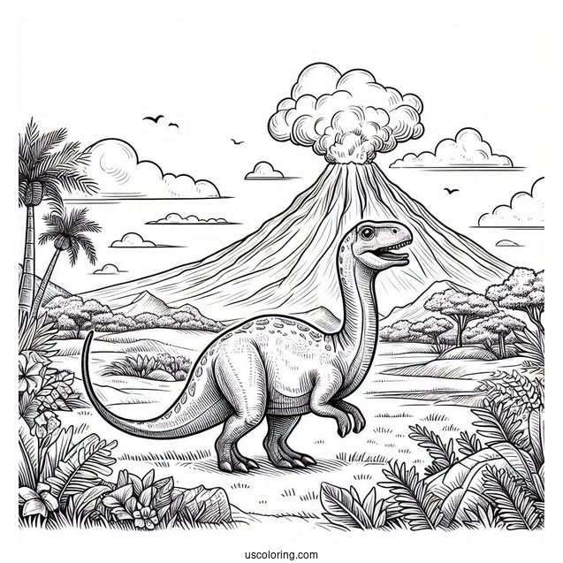 Parasaurolophus Dinosaur With Volcano In The Background