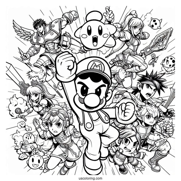 Super Smash Bros Coloring Page Of Characters Fighting For Kids