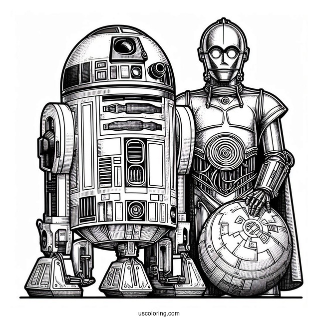 Detailed R2-D2 Coloring Page With C3PO