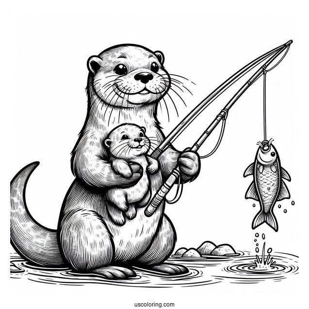 Daddy Otter Coloring Page With Fishing Rod And Baby Otter Carrying Fish