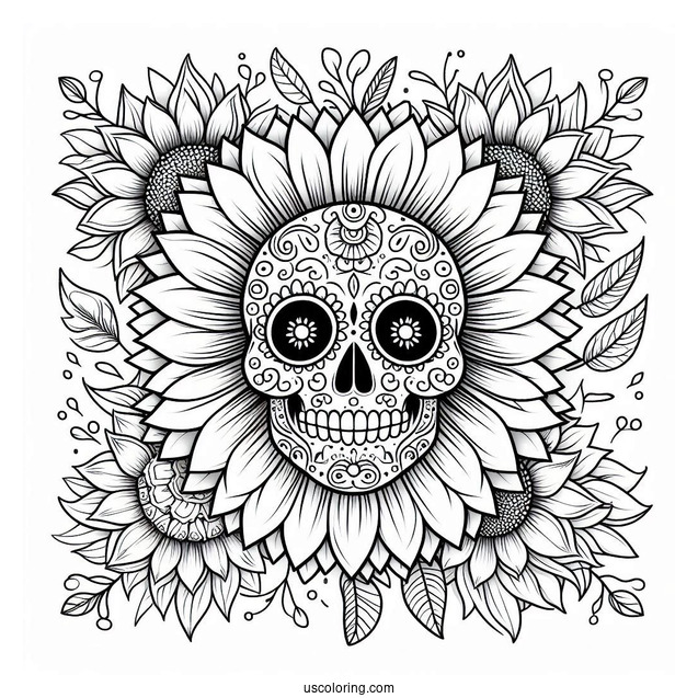 Sunflower Themed Sugar Skulls Coloring Page With Floral Background