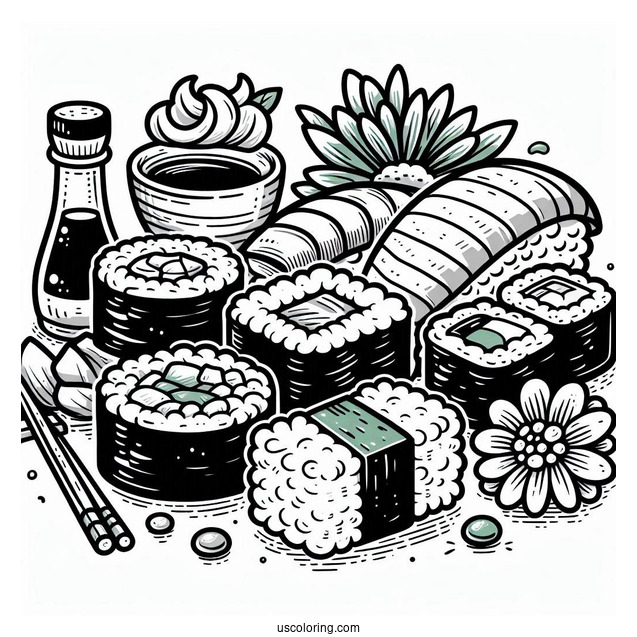 Cartoon Sushi Coloring Pages Variety, Wasabi, And Soy Sauce