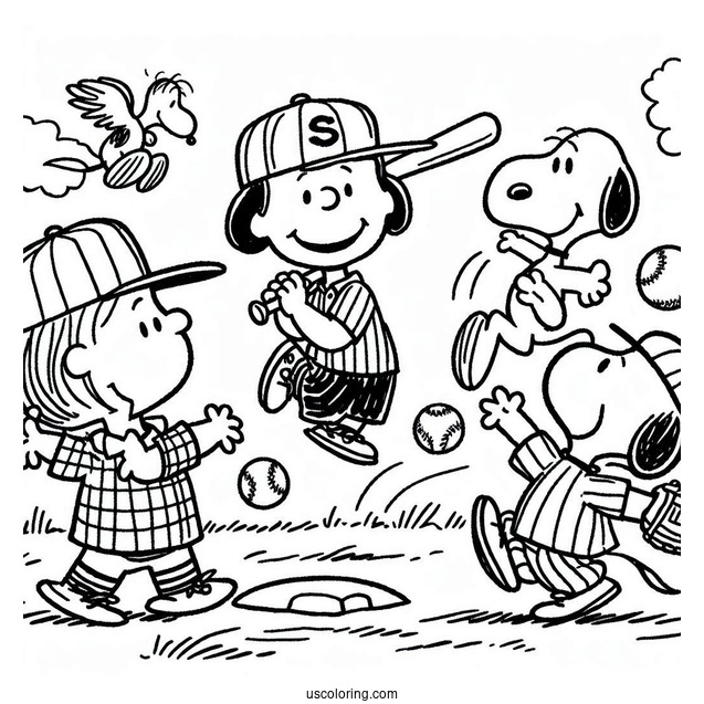 Coloring Page Of Peanuts Gang Playing Baseball