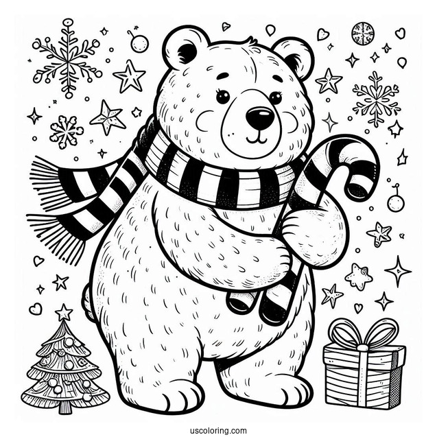 Big Polar Bear With Christmas Candy Canes Coloring In
