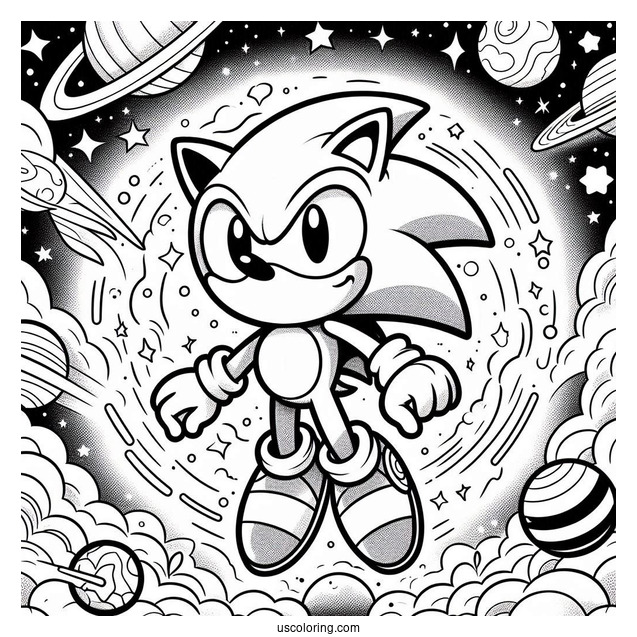 Super Sonic Coloring Page With Sonic In Outer Space