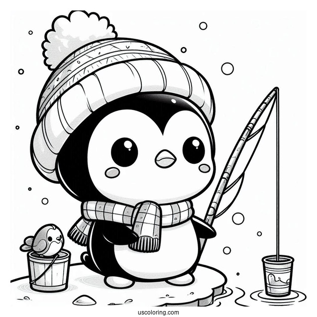 Chibi Coloring Page Penguin with Hat and Scarf Ice Fishing in Winter