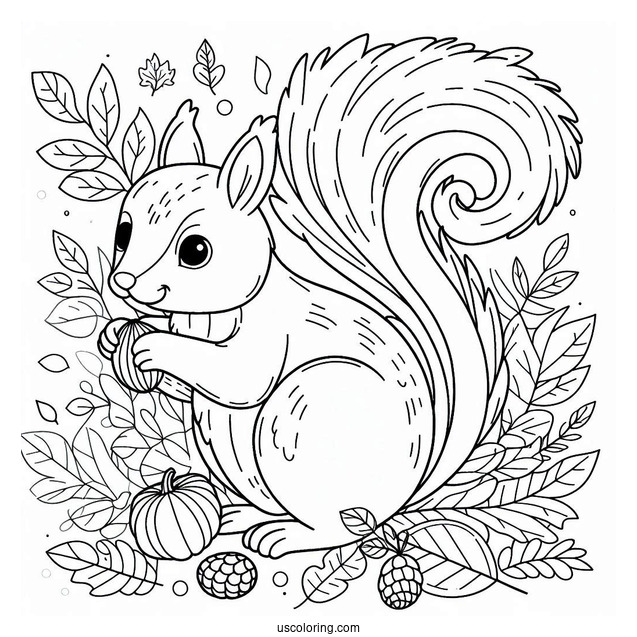 Simple Squirrel Coloring Page Outline In Fall For Kids